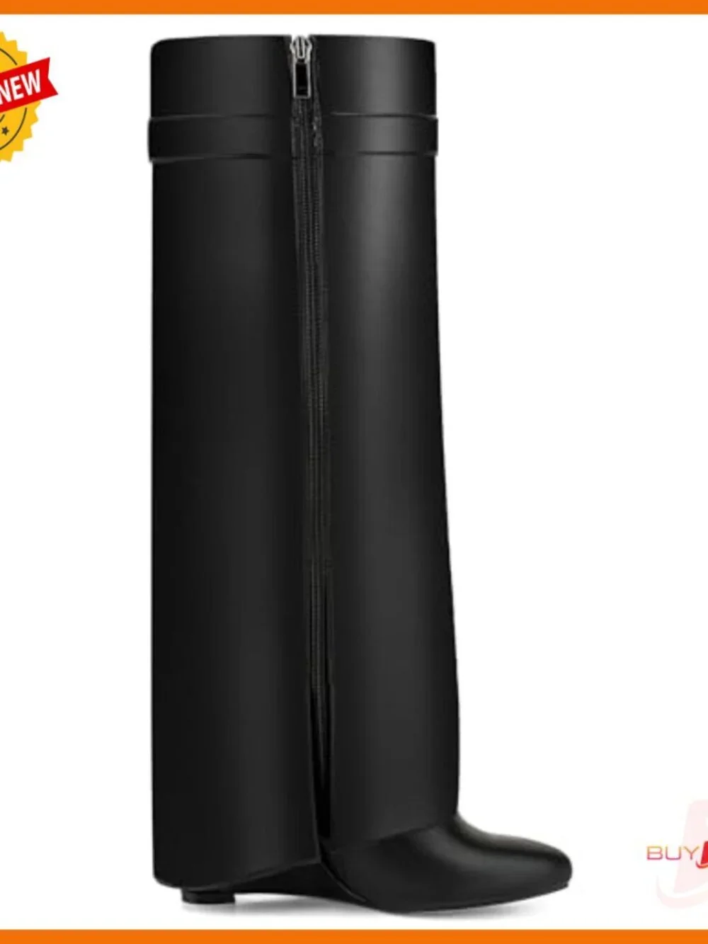 Knee High Boots Pointed Toe Wedge Heel Pull On Zipper Faux Leather